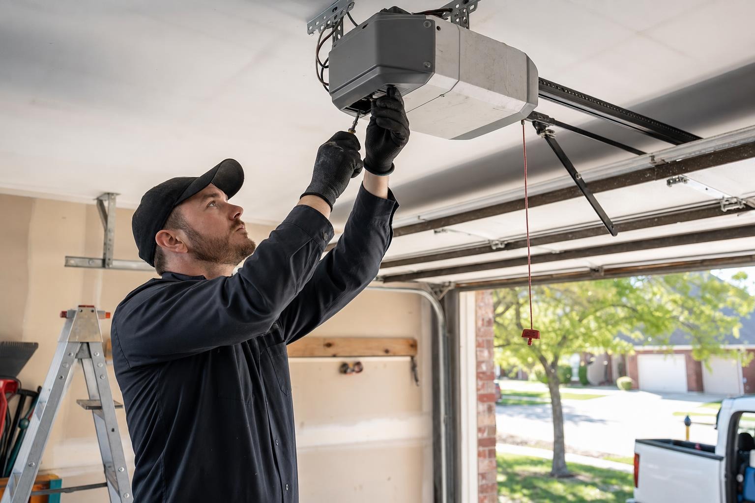 Technician inspecting a garage door opener unit with a ladder and tools